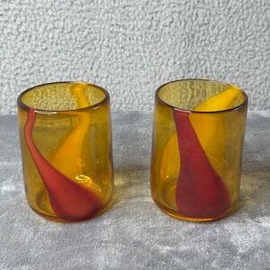 Art Glass Tumblers Amber Yellow Red Swirls Barware Drinkware Set of 2 Hand Blown